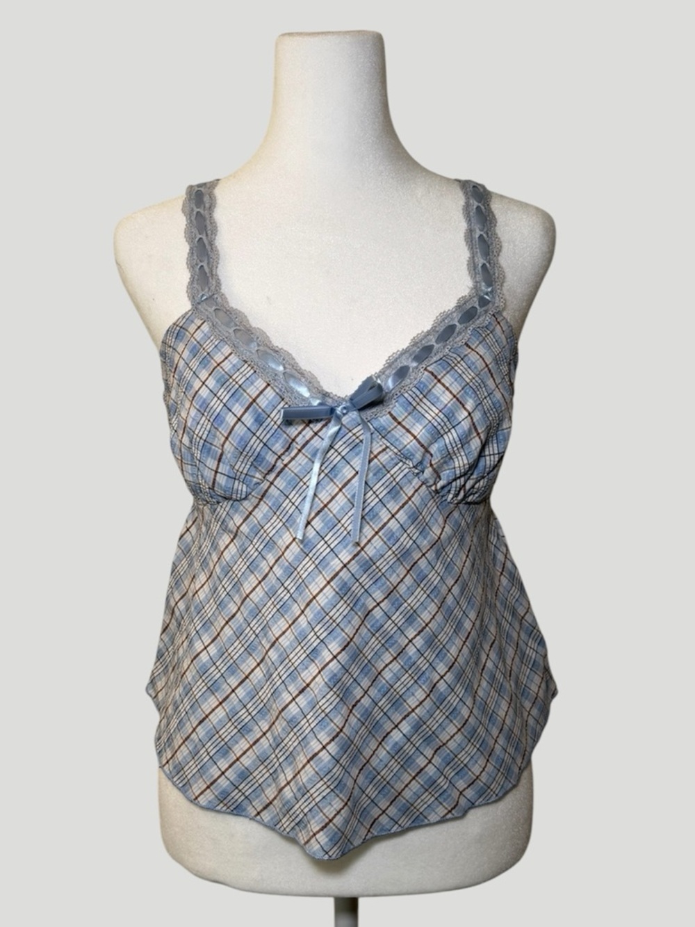 No Boundaries Blue Plaid Lace Trim Babydoll Camisole Top